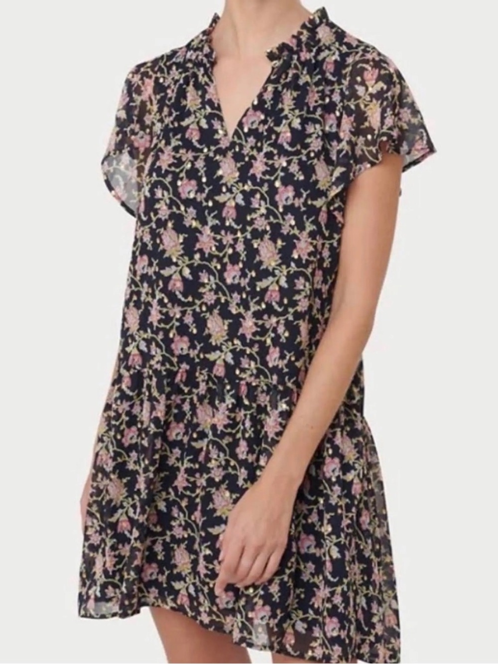 LOFT Women's Navy Metallic Floral Flutter Sleeve Dress | Size SP